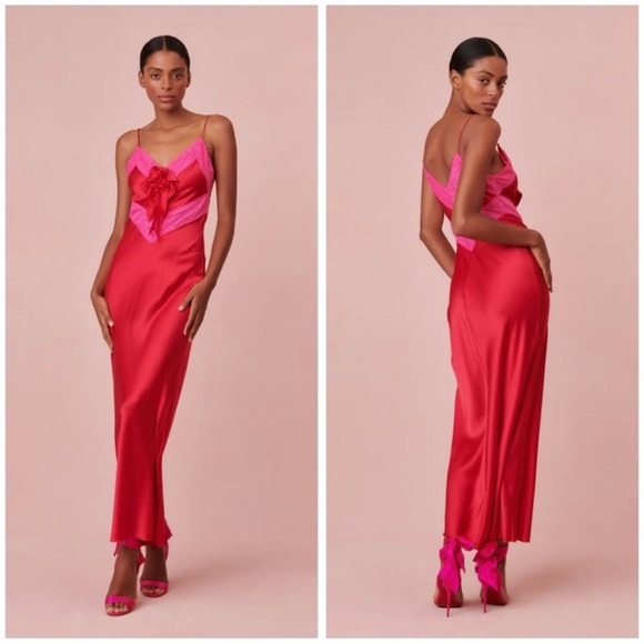 LoveShackFancy Serita Silk Slip Dress Red Pink Lace Back Detail Size L NWT